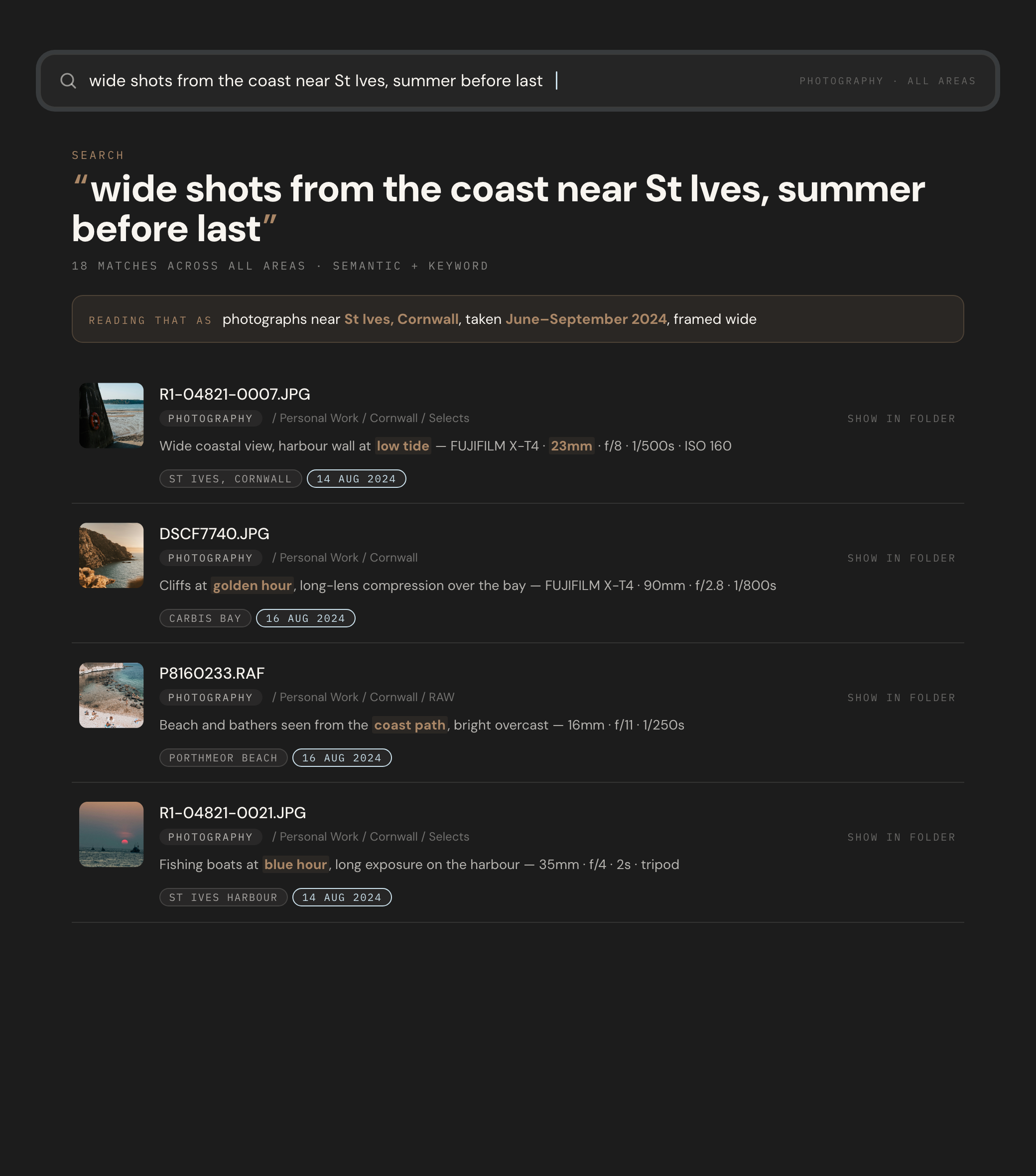 Searching “wide shots from the coast near St Ives, summer before last” in Vidual Spaces: results narrowed by location and date, with the camera, lens and settings read from each photograph.